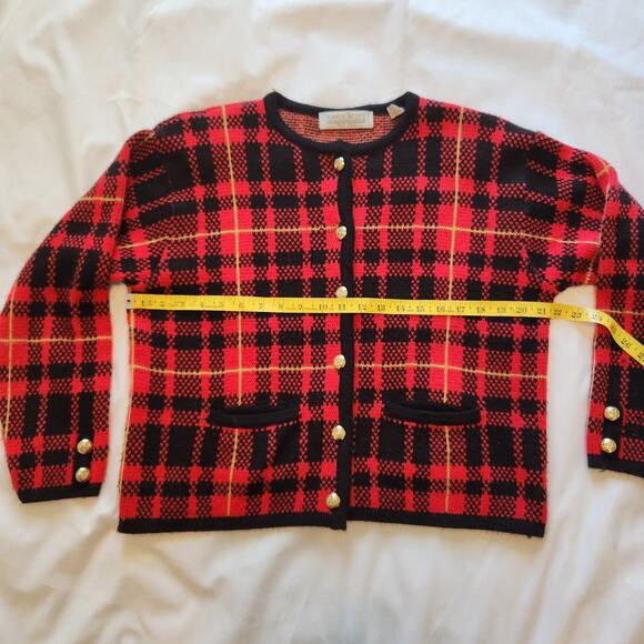 Karen Scott Petites Plaid Wool Blend Cardigan PL Red Black Gold Buttons - Picture 7 of 14